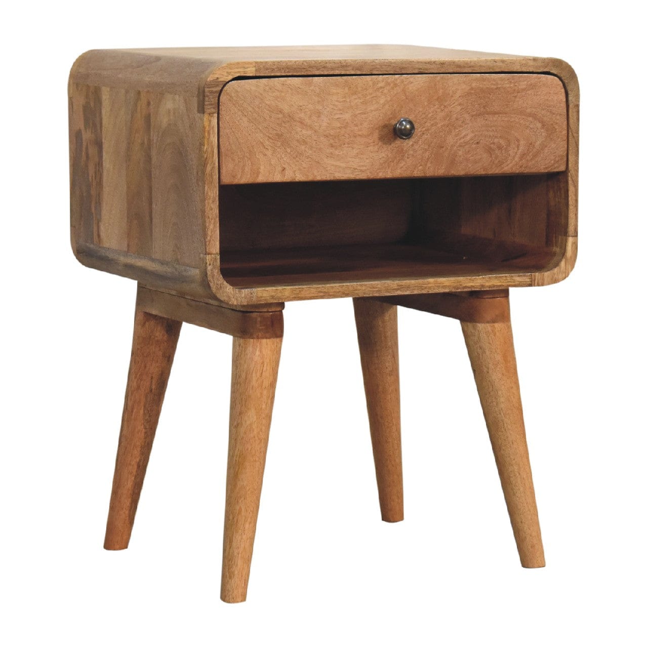 Mid-Century Modern Curved Oak-ish Open Nightstand - Solid Mango Wood Bedside Table for Bedroom - product view 2 showing...