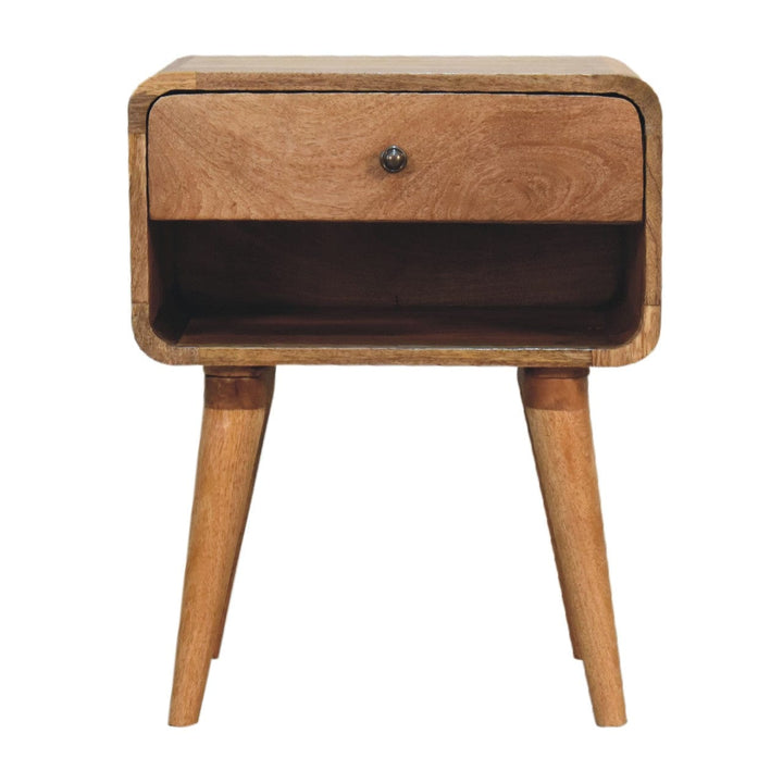 Mid-Century Modern Curved Oak-ish Open Nightstand - Solid Mango Wood Bedside Table for Bedroom - main view showing...