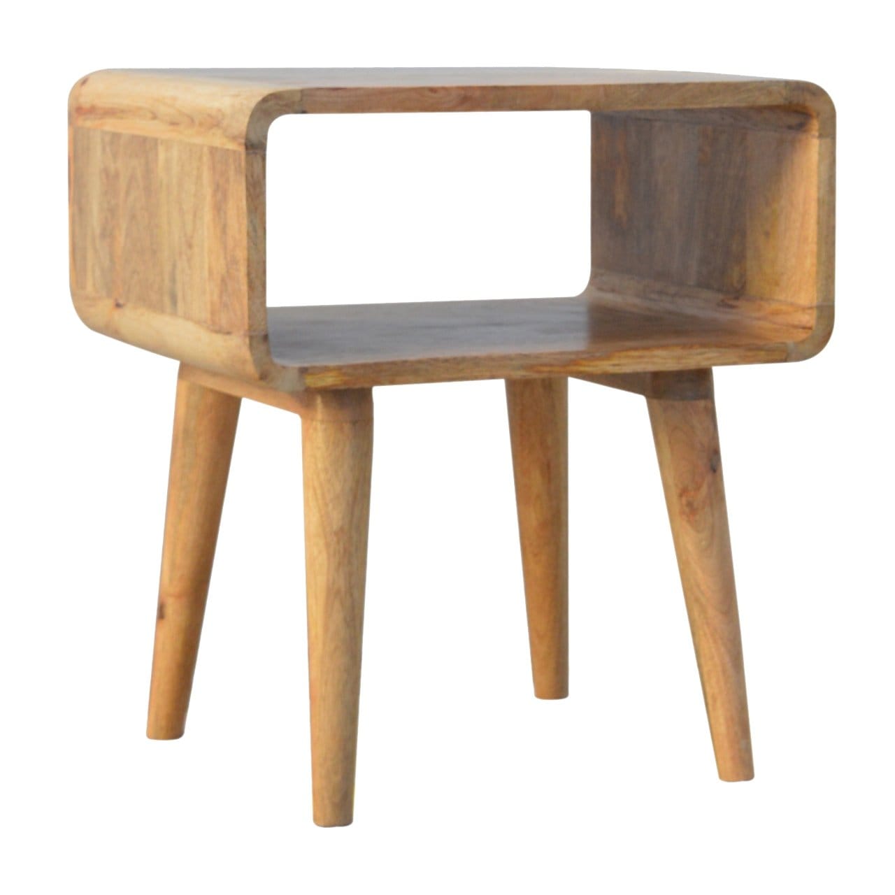 Mid-Century Modern Curved Open Nightstand - Solid Mango Wood Bedside Table for Bedroom - product view 3 showing...
