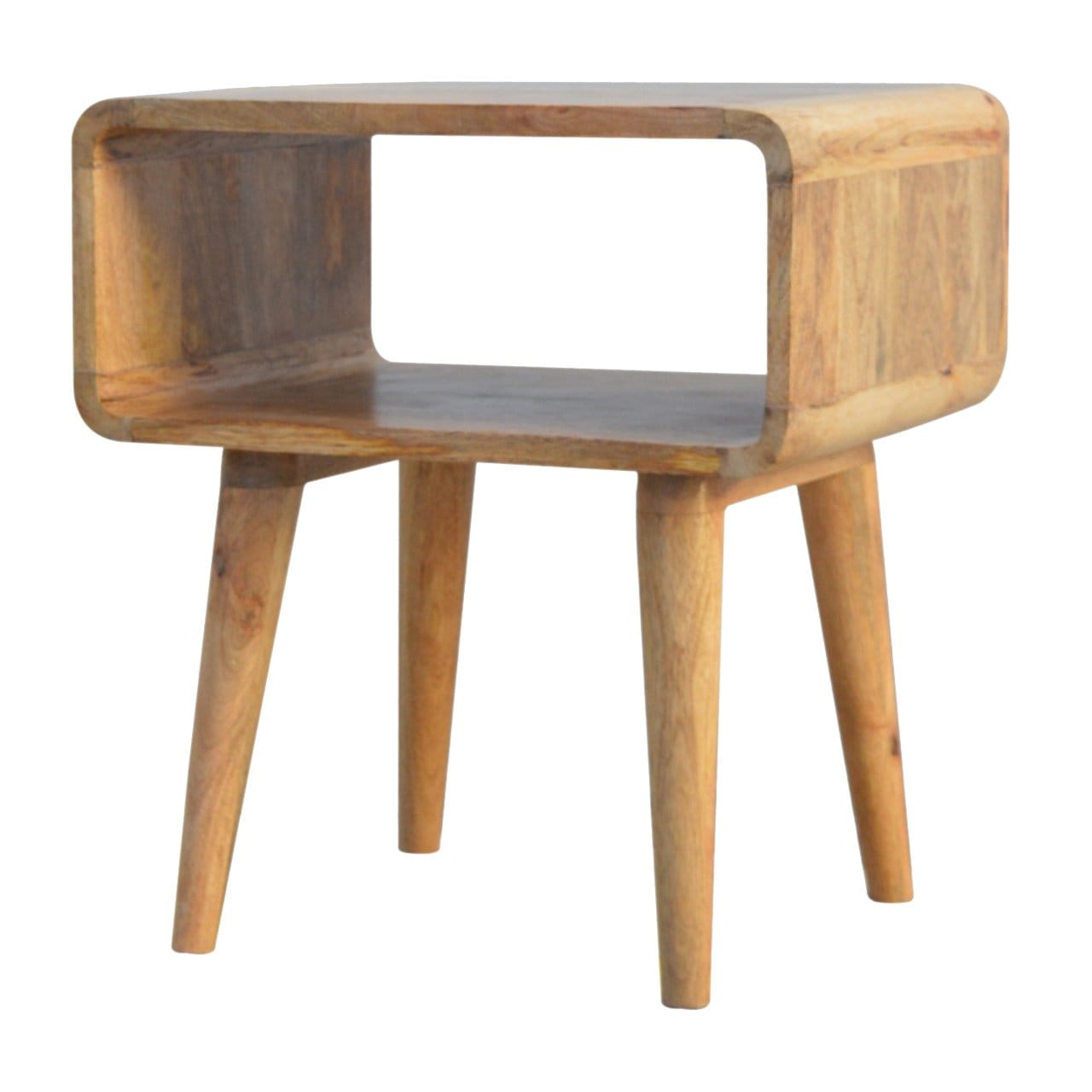 Mid-Century Modern Curved Open Nightstand - Solid Mango Wood Bedside Table for Bedroom - product view 2 showing...