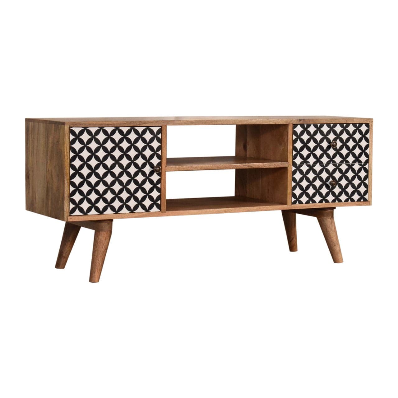 Mid-Century Modern Diamond Print TV Stand - Solid Mango Wood Entertainment Center for Living Room - product view 3...