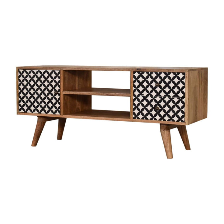 Mid-Century Modern Diamond Print TV Stand - Solid Mango Wood Entertainment Center for Living Room - product view 2...