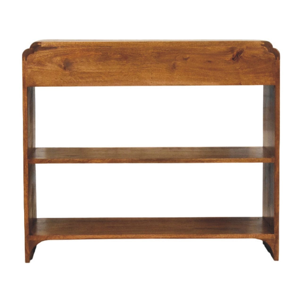 Solid mango wood console table with two shelves for entryway storage and display.