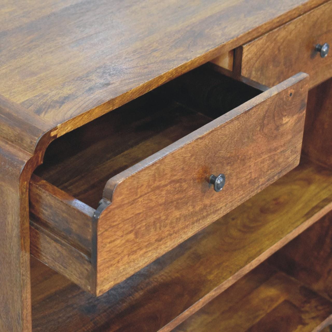 Solid mango wood console table drawer detail with an open drawer showcasing craftsmanship.