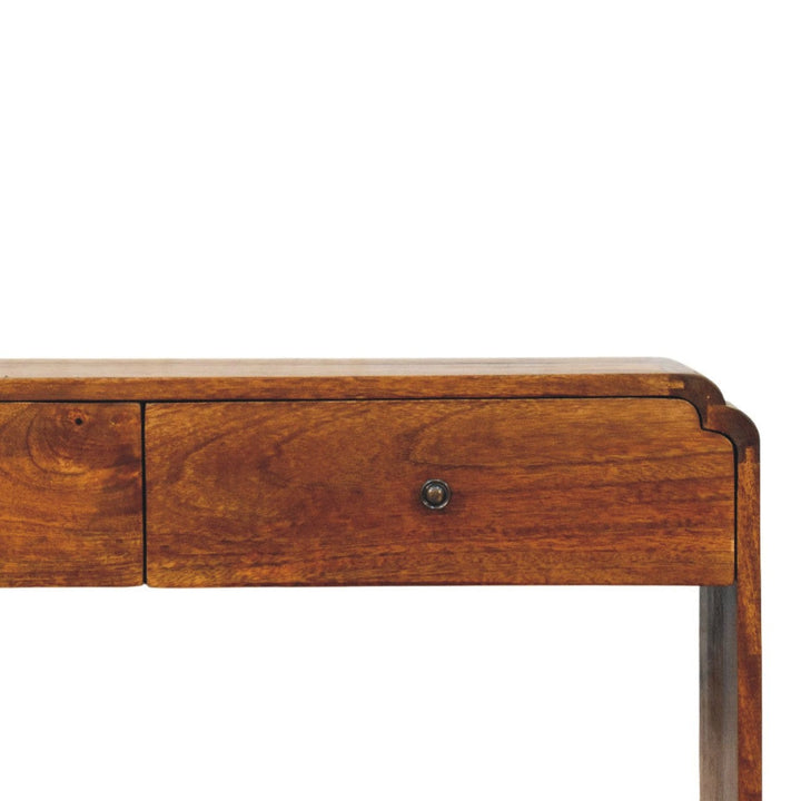 Solid mango wood console table featuring a drawer, ideal for hallway and entryway storage.