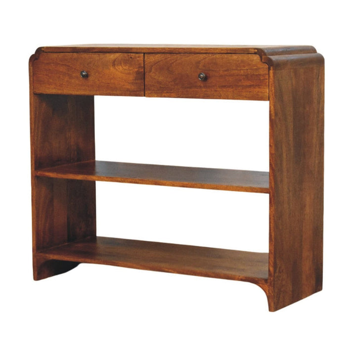 Ellington Console Table - Solid Mango Wood Console Table with two drawers and open shelving for hallway or entryway.