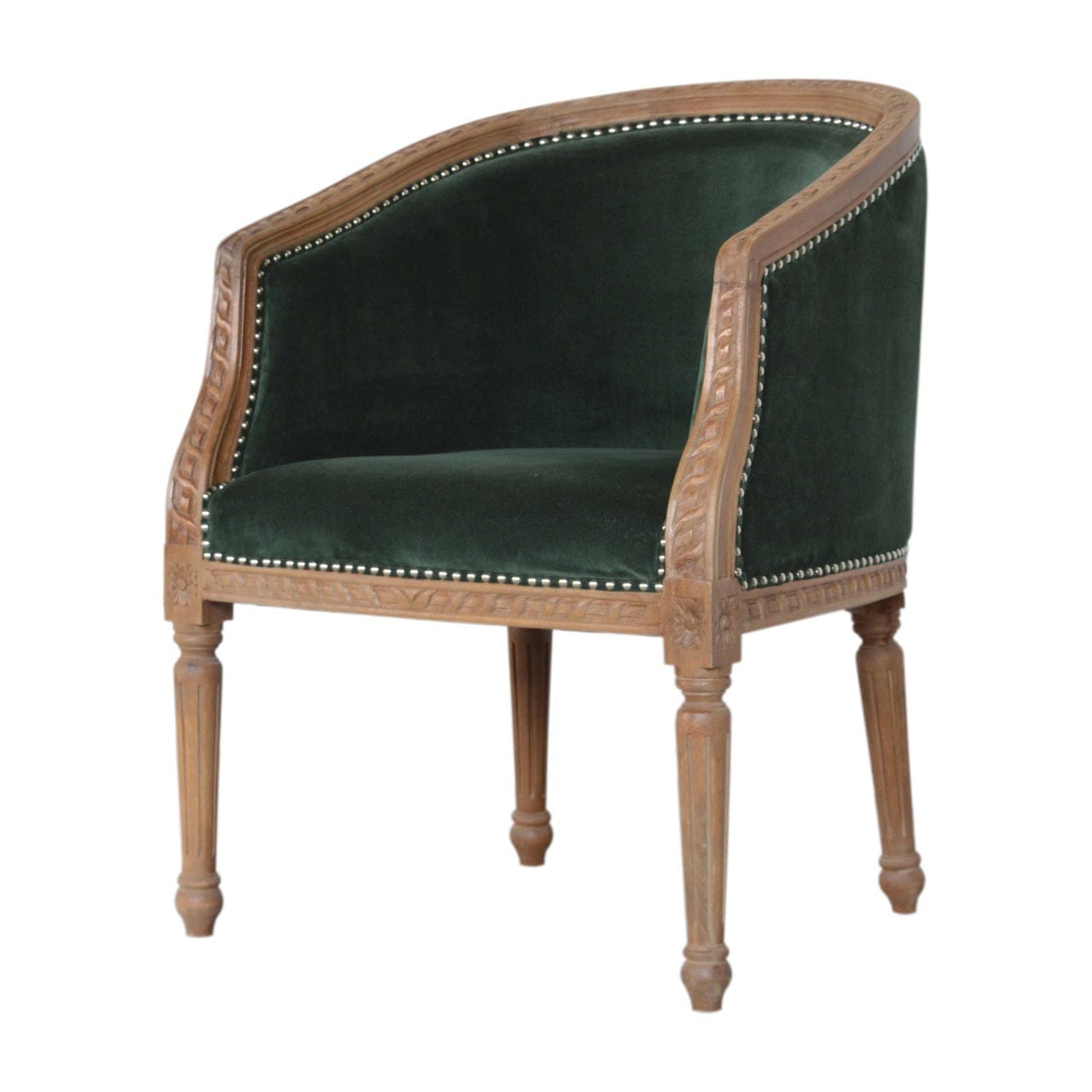 Mid-Century Modern Emerald Velvet Occasional Chair in Solid Mango Wood - product view 3 showing handcrafted solid mango...