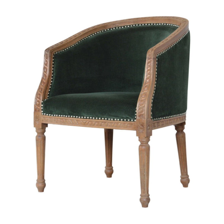 Mid-Century Modern Emerald Velvet Occasional Chair in Solid Mango Wood - product view 3 showing handcrafted solid mango...