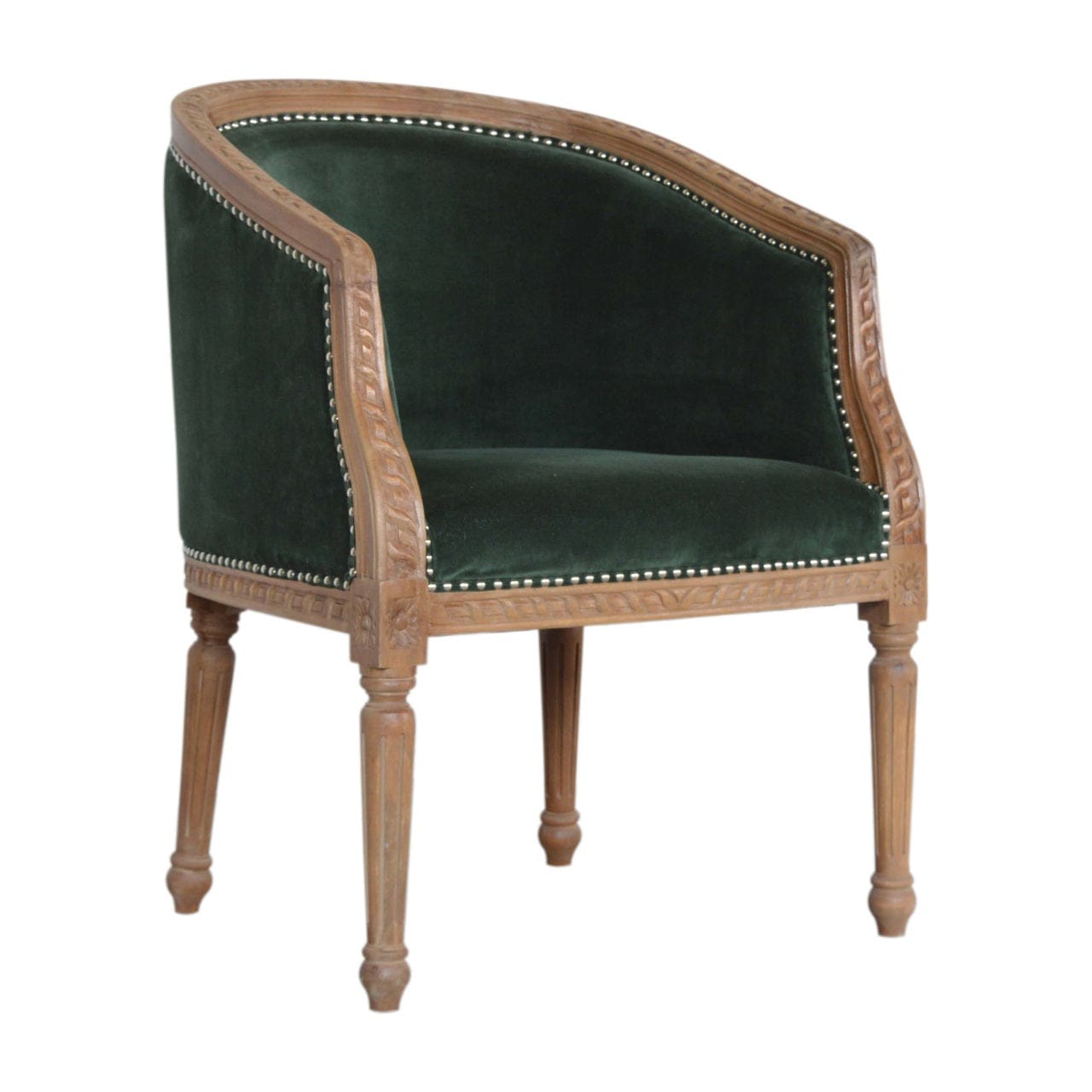 Mid-Century Modern Emerald Velvet Occasional Chair in Solid Mango Wood - product view 2 showing handcrafted solid mango...