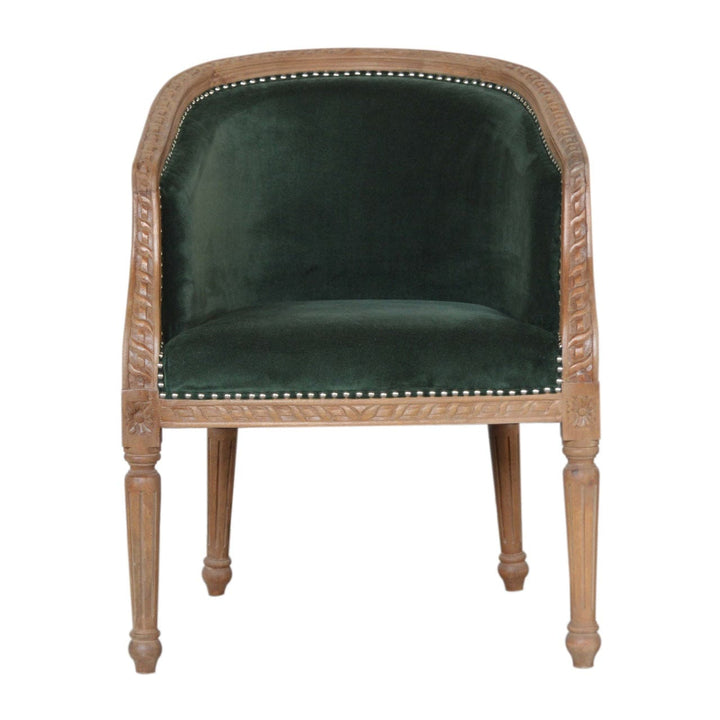 Mid-Century Modern Emerald Velvet Occasional Chair in Solid Mango Wood - main view showing handcrafted solid mango wood chair