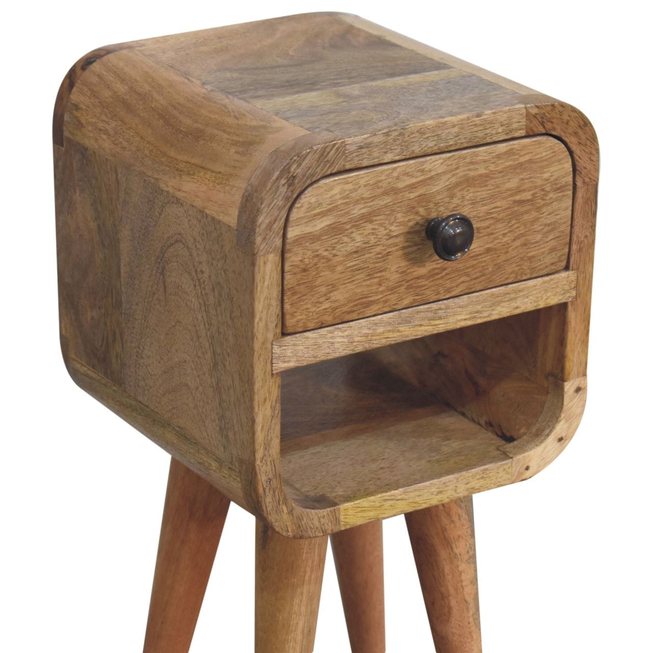 Mid-Century Modern Extra Mini Oak-ish Curve Lower Nightstand - Solid Mango Wood Bedside Table for Bedroom - product view...