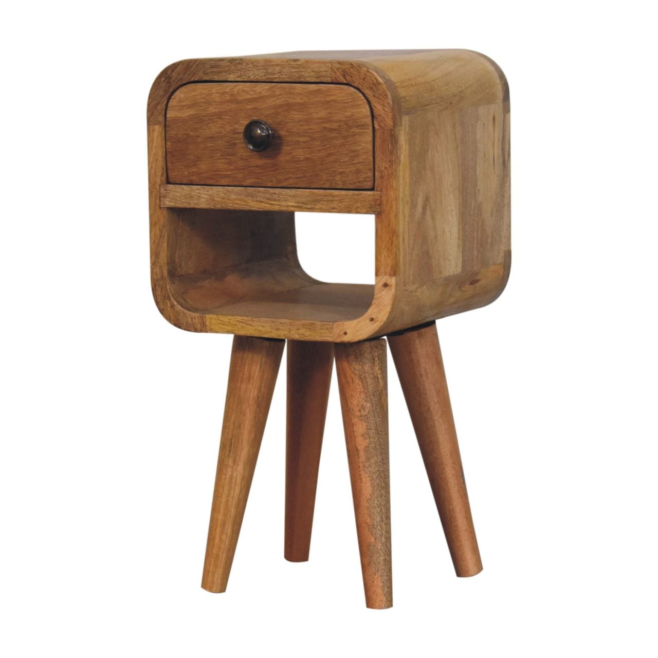 Mid-Century Modern Extra Mini Oak-ish Curve Lower Nightstand - Solid Mango Wood Bedside Table for Bedroom - product view...