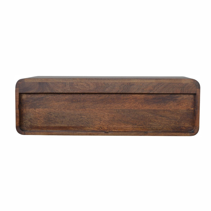 Mid-Century Modern Floating Chestnut Open Console - Entryway & Hallway Table in Solid Mango Wood - product view 9 showing...