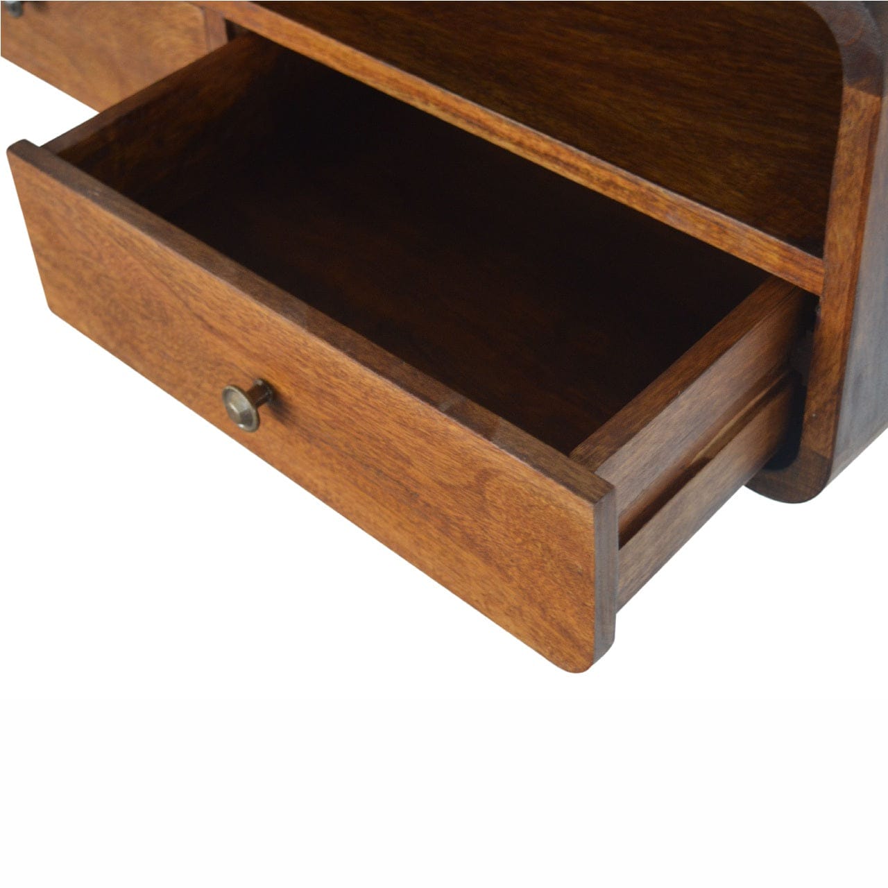Mid-Century Modern Floating Chestnut Open Console - Entryway & Hallway Table in Solid Mango Wood - product view 7 showing...