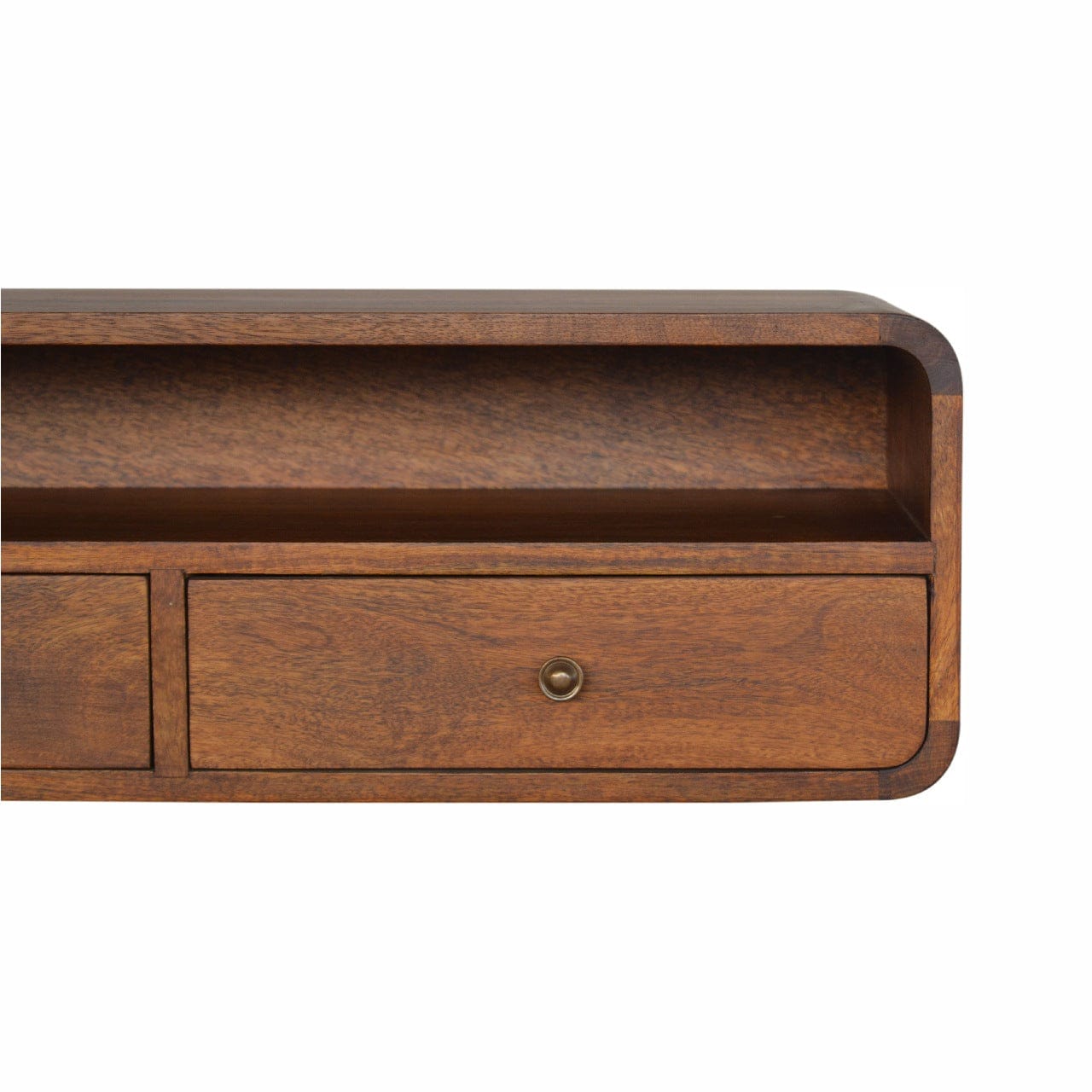 Mid-Century Modern Floating Chestnut Open Console - Entryway & Hallway Table in Solid Mango Wood - product view 6 showing...