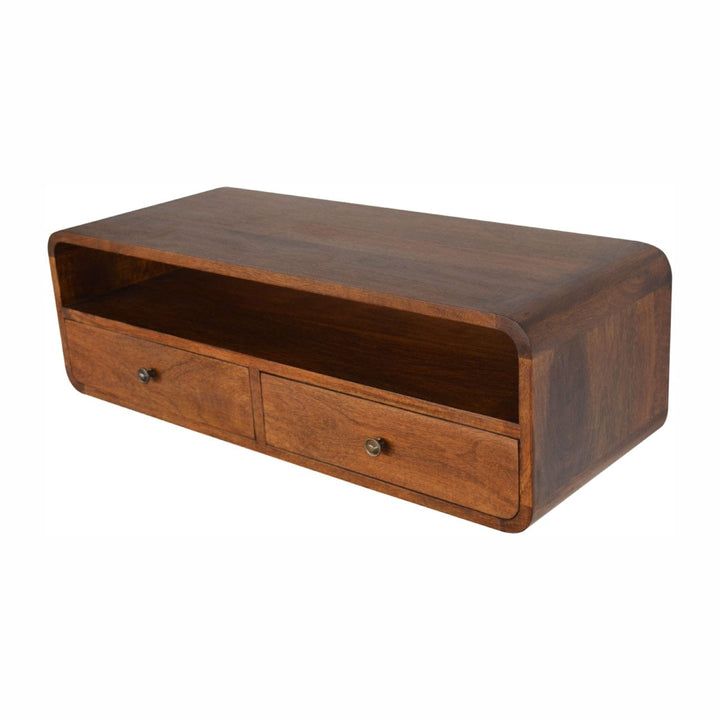 Mid-Century Modern Floating Chestnut Open Console - Entryway & Hallway Table in Solid Mango Wood - product view 5 showing...
