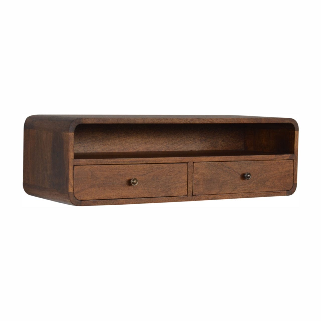 Mid-Century Modern Floating Chestnut Open Console - Entryway & Hallway Table in Solid Mango Wood - product view 4 showing...