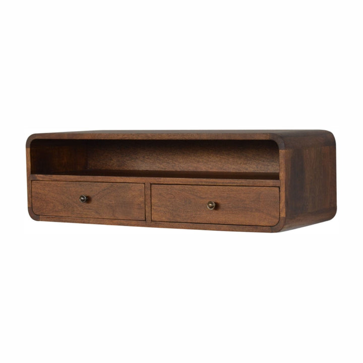 Mid-Century Modern Floating Chestnut Open Console - Entryway & Hallway Table in Solid Mango Wood - product view 3 showing...
