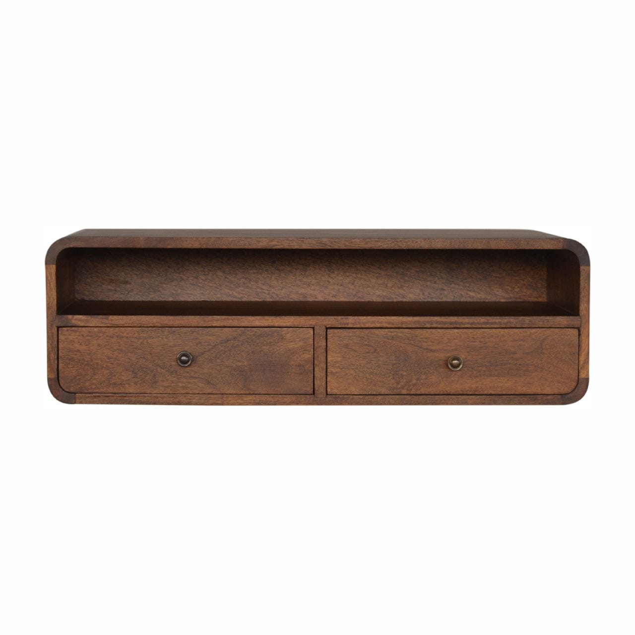 Mid-Century Modern Floating Chestnut Open Console - Entryway & Hallway Table in Solid Mango Wood - product view 2 showing...