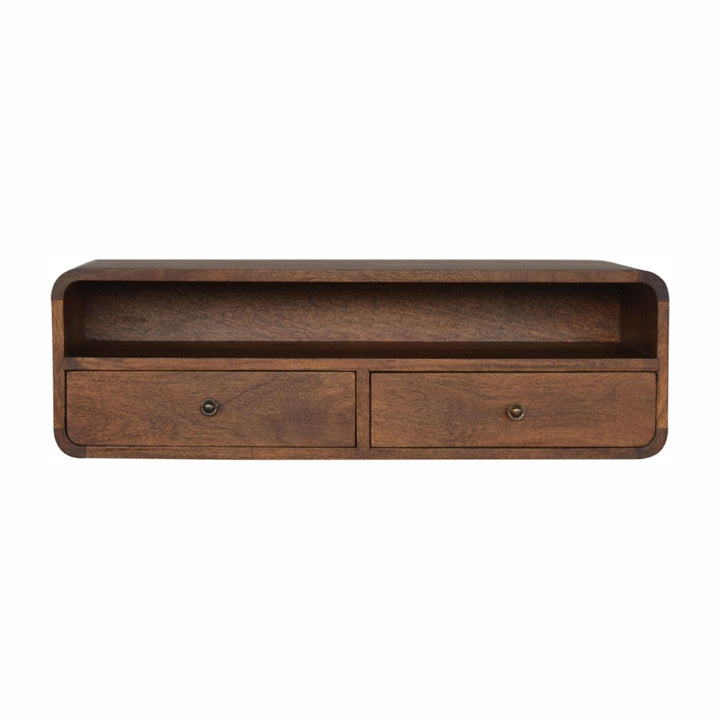 Mid-Century Modern Floating Chestnut Open Console - Entryway & Hallway Table in Solid Mango Wood - product view 2 showing...
