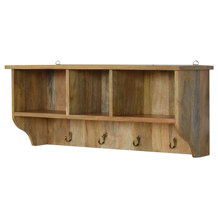 Mid-Century Modern Floating Coat Rack - Solid Mango Wood Wall Hooks for Entryway - product view 3 showing handcrafted...