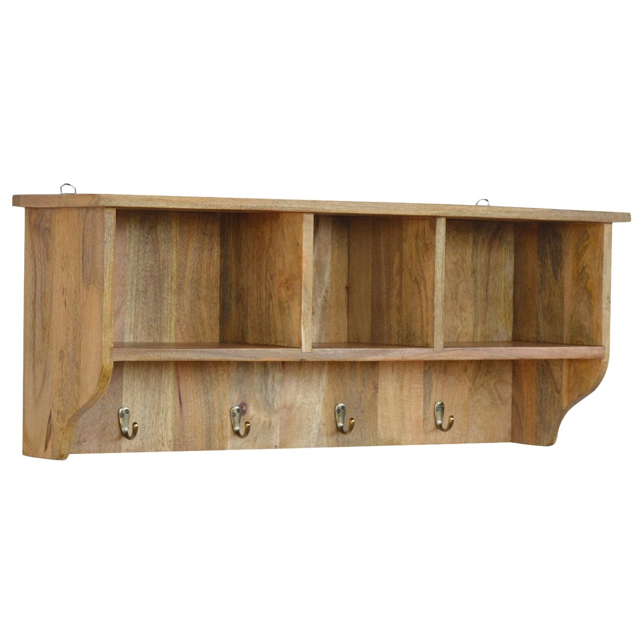 Mid-Century Modern Floating Coat Rack - Solid Mango Wood Wall Hooks for Entryway - main view showing handcrafted solid...