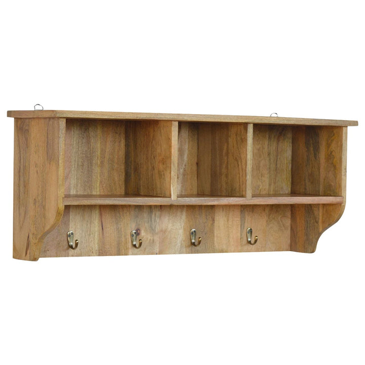 Mid-Century Modern Floating Coat Rack - Solid Mango Wood Wall Hooks for Entryway - main view showing handcrafted solid...
