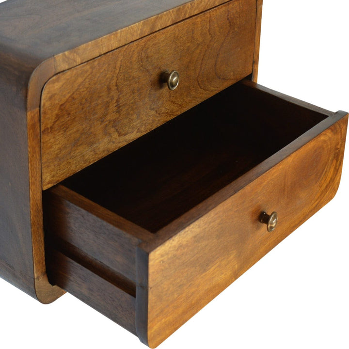 Mid-Century Modern Floating Curved Chestnut Nightstand - Solid Mango Wood Bedside Table for Bedroom - product view 5...