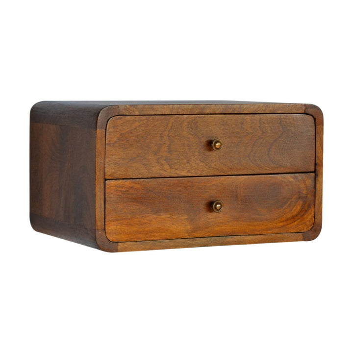 Mid-Century Modern Floating Curved Chestnut Nightstand - Solid Mango Wood Bedside Table for Bedroom - product view 2...