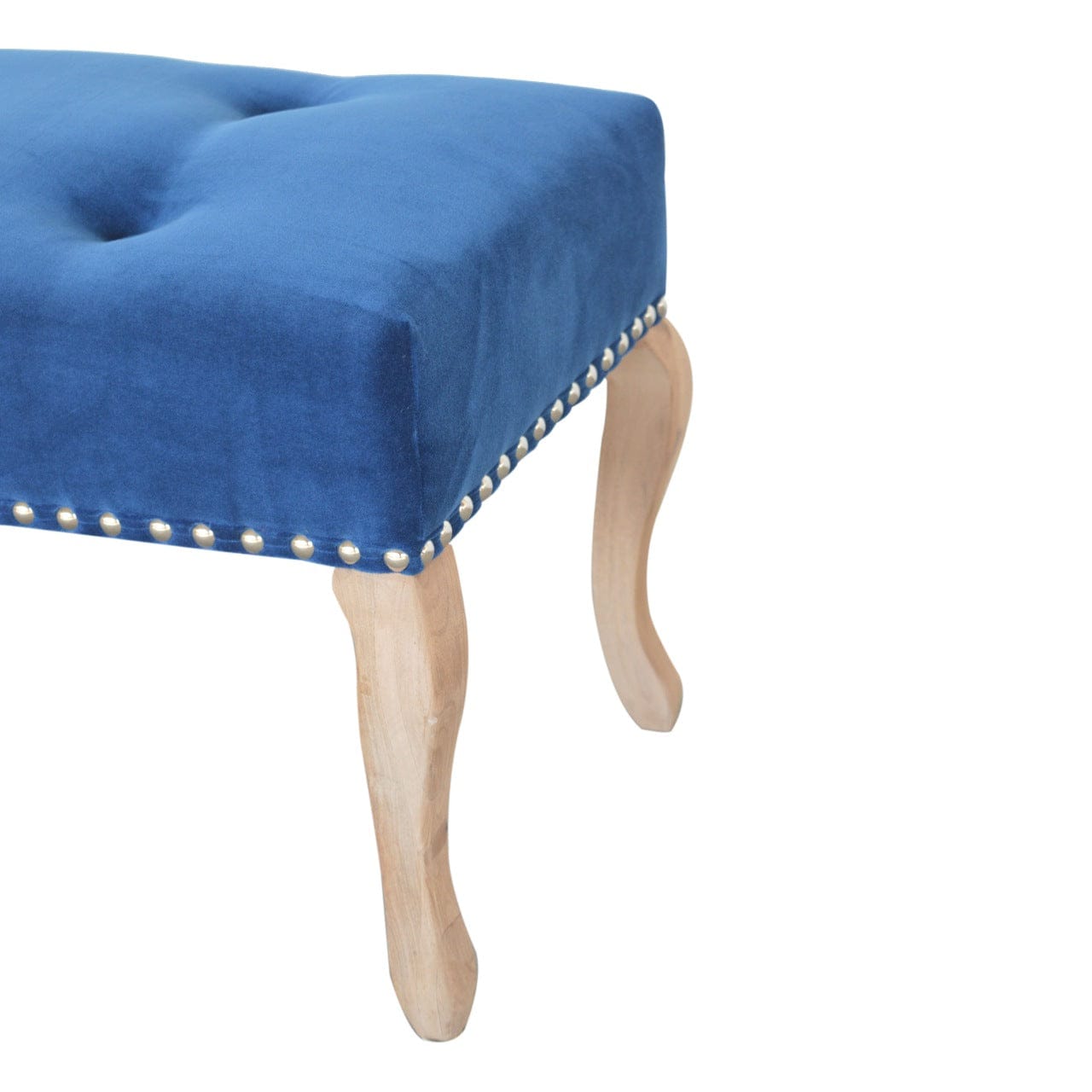 Mid-Century Modern French Royal Blue Velvet Bench - Solid Mango Wood Seating Furniture for Entryway - product view 6...
