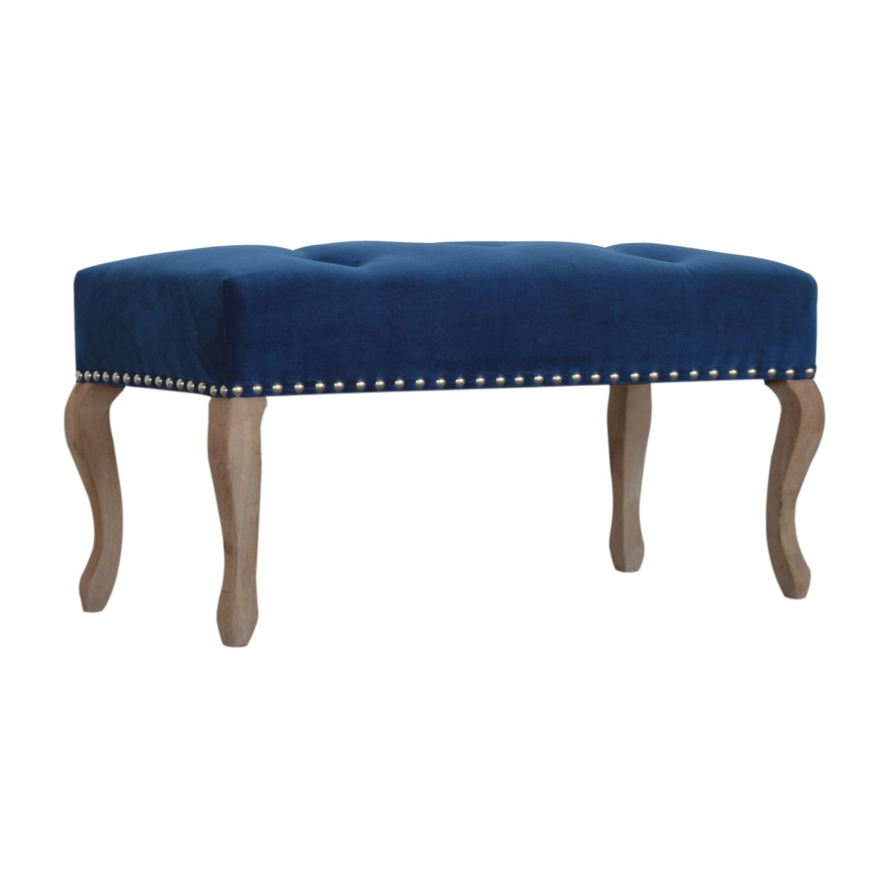 Mid-Century Modern French Royal Blue Velvet Bench - Solid Mango Wood Seating Furniture for Entryway - product view 2...