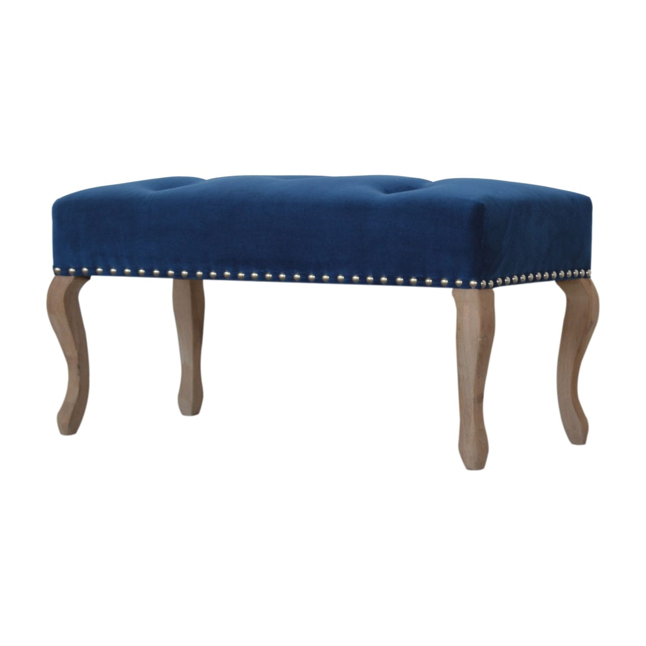 Mid-Century Modern French Royal Blue Velvet Bench - Solid Mango Wood Seating Furniture for Entryway - main view showing...