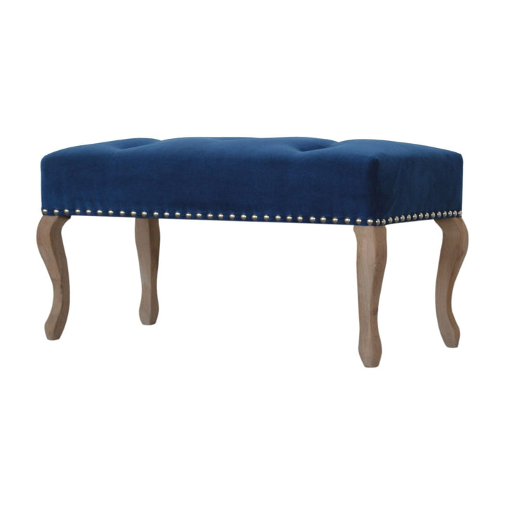 Mid-Century Modern French Royal Blue Velvet Bench - Solid Mango Wood Seating Furniture for Entryway - main view showing...