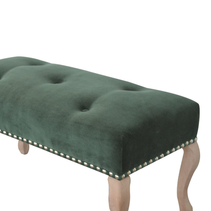 Mid-Century Modern French Style Emerald Velvet Bench - Solid Mango Wood Seating Furniture for Entryway - product view 5...