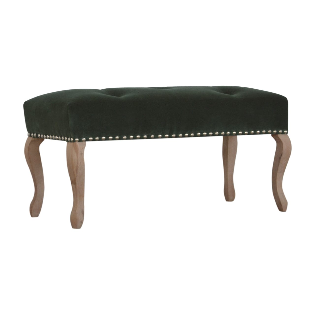Mid-Century Modern French Style Emerald Velvet Bench - Solid Mango Wood Seating Furniture for Entryway - product view 3...