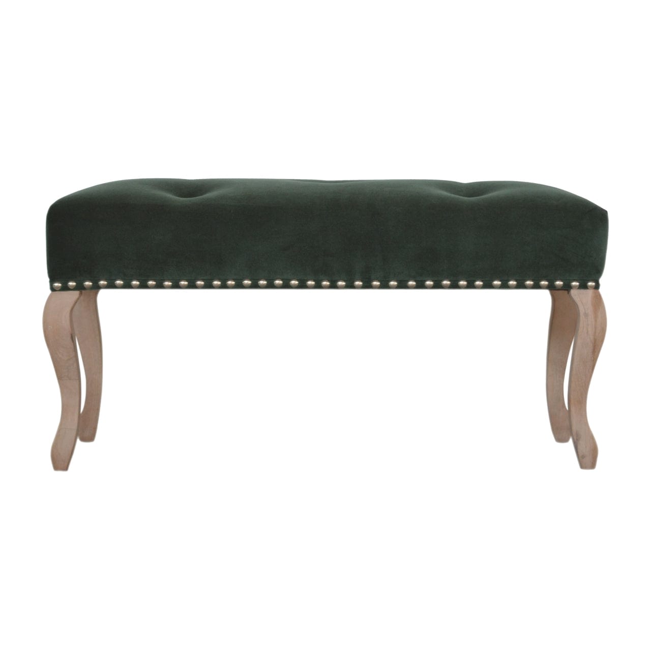 Mid-Century Modern French Style Emerald Velvet Bench - Solid Mango Wood Seating Furniture for Entryway - main view...