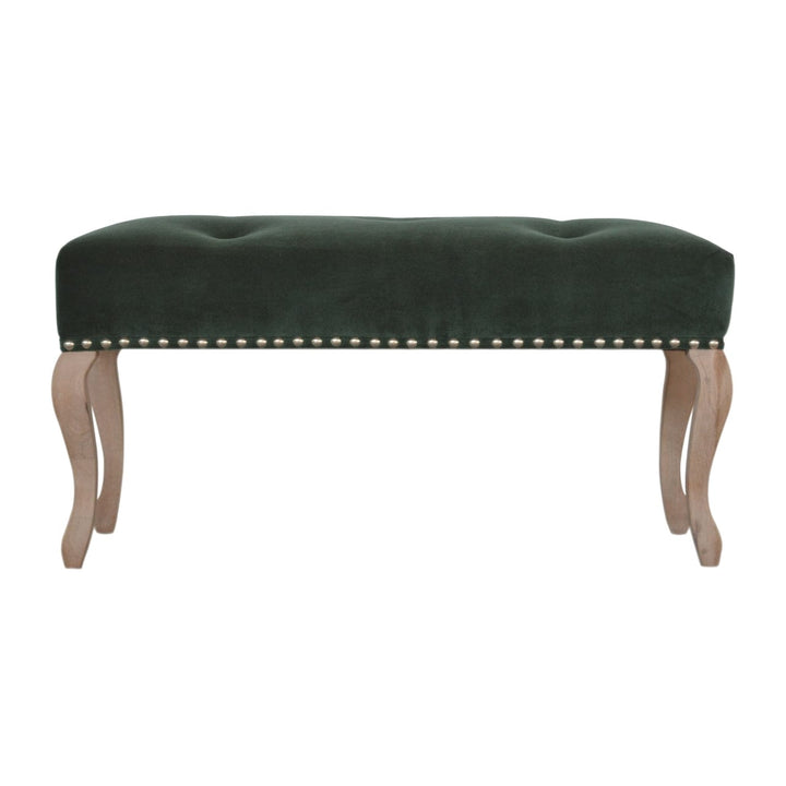 Mid-Century Modern French Style Emerald Velvet Bench - Solid Mango Wood Seating Furniture for Entryway - main view...