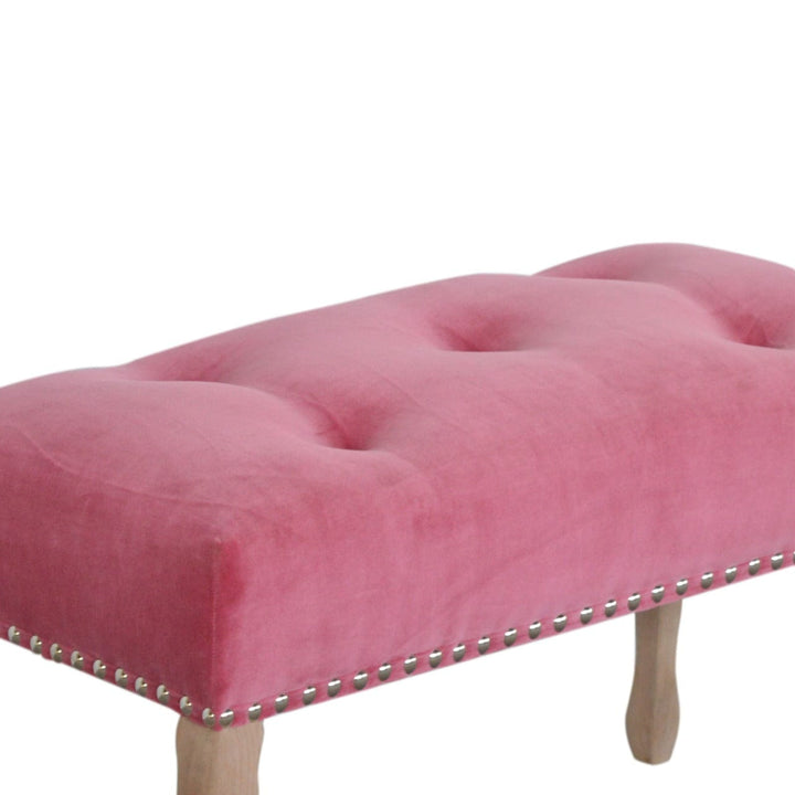 Mid-Century Modern French Style Pink Velvet Bench - Solid Mango Wood Seating Furniture for Entryway - product view 6...