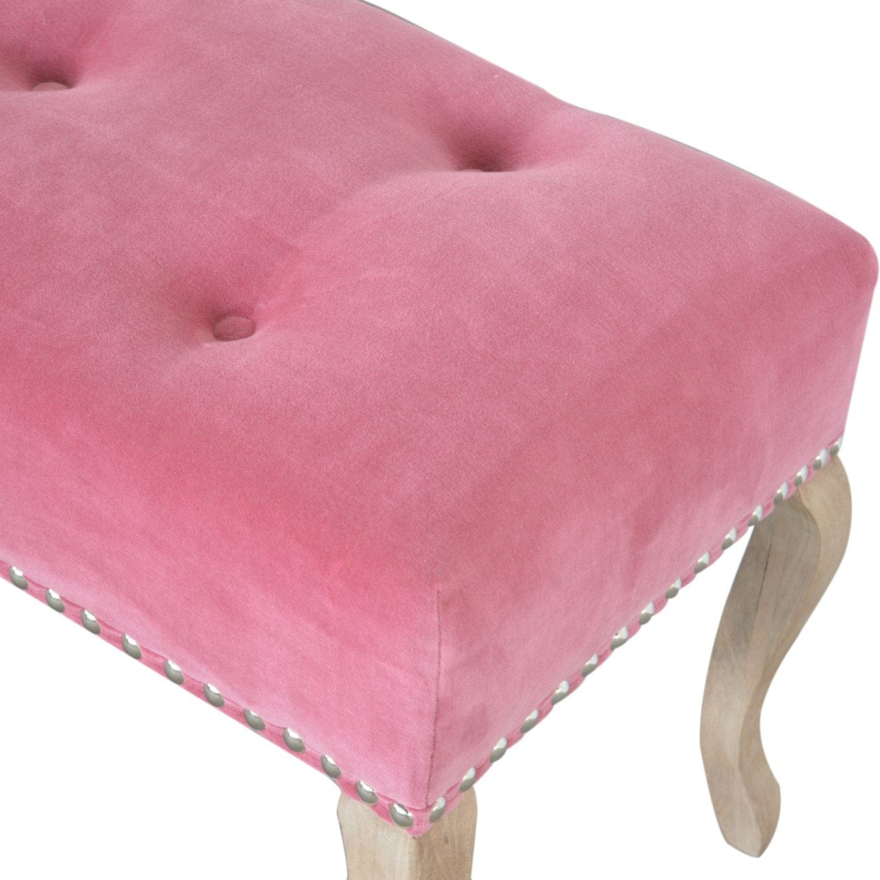 Mid-Century Modern French Style Pink Velvet Bench - Solid Mango Wood Seating Furniture for Entryway - product view 5...