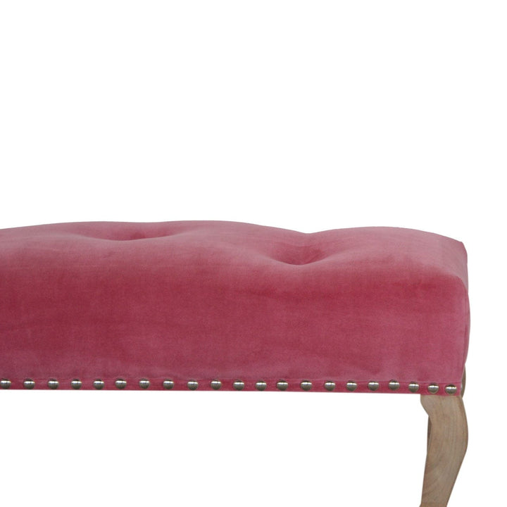 Mid-Century Modern French Style Pink Velvet Bench - Solid Mango Wood Seating Furniture for Entryway - product view 4...
