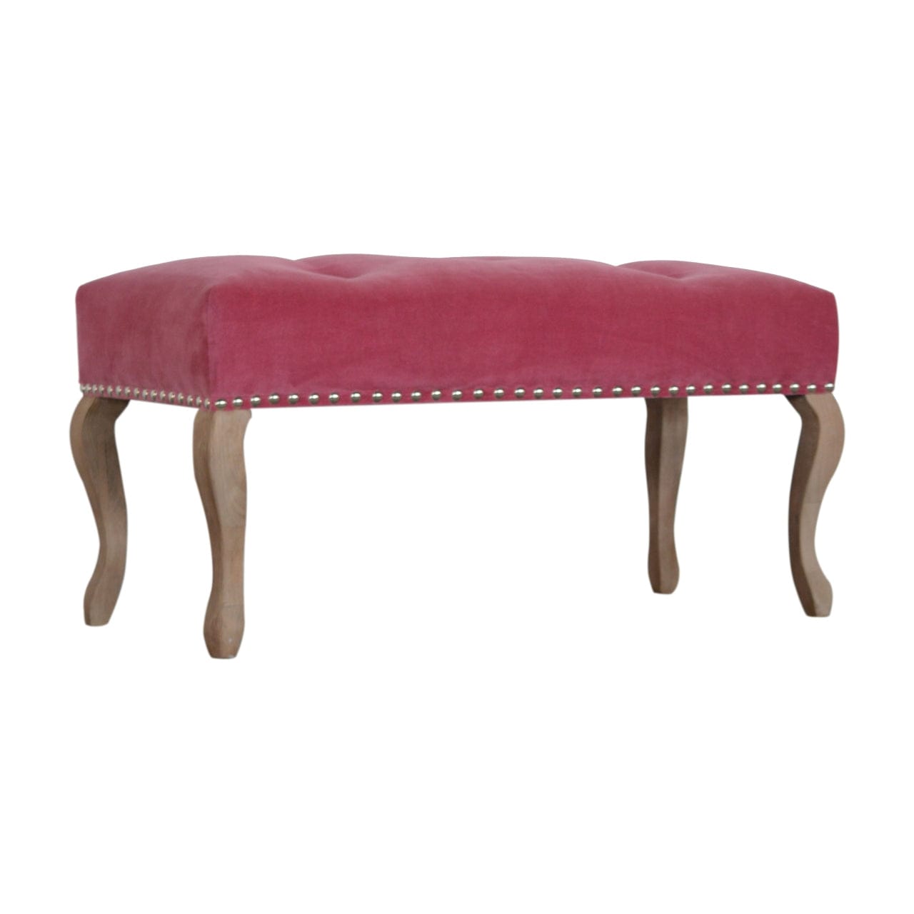 Mid-Century Modern French Style Pink Velvet Bench - Solid Mango Wood Seating Furniture for Entryway - product view 3...