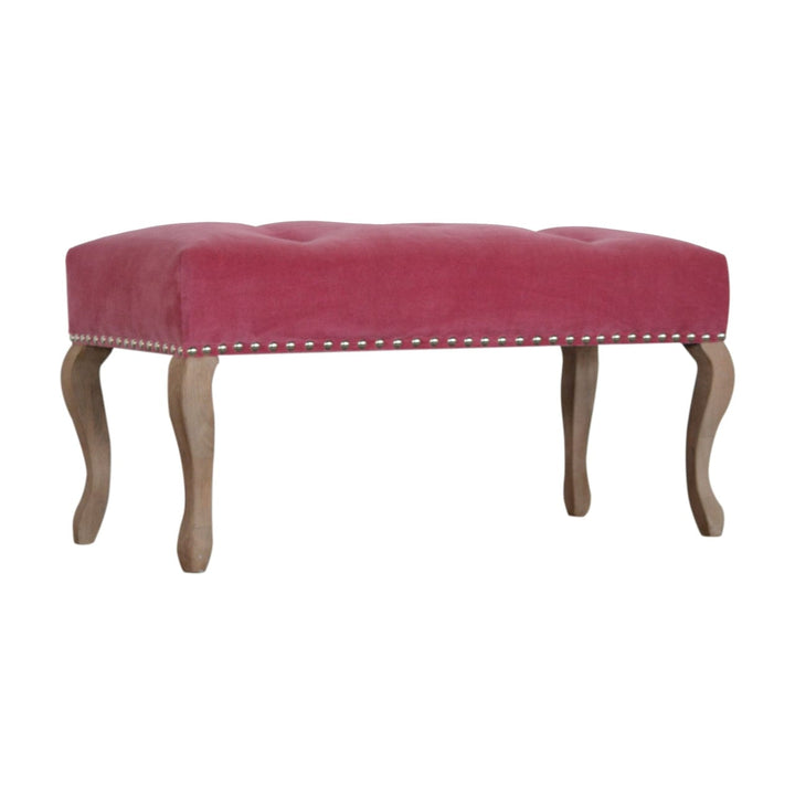 Mid-Century Modern French Style Pink Velvet Bench - Solid Mango Wood Seating Furniture for Entryway - product view 3...