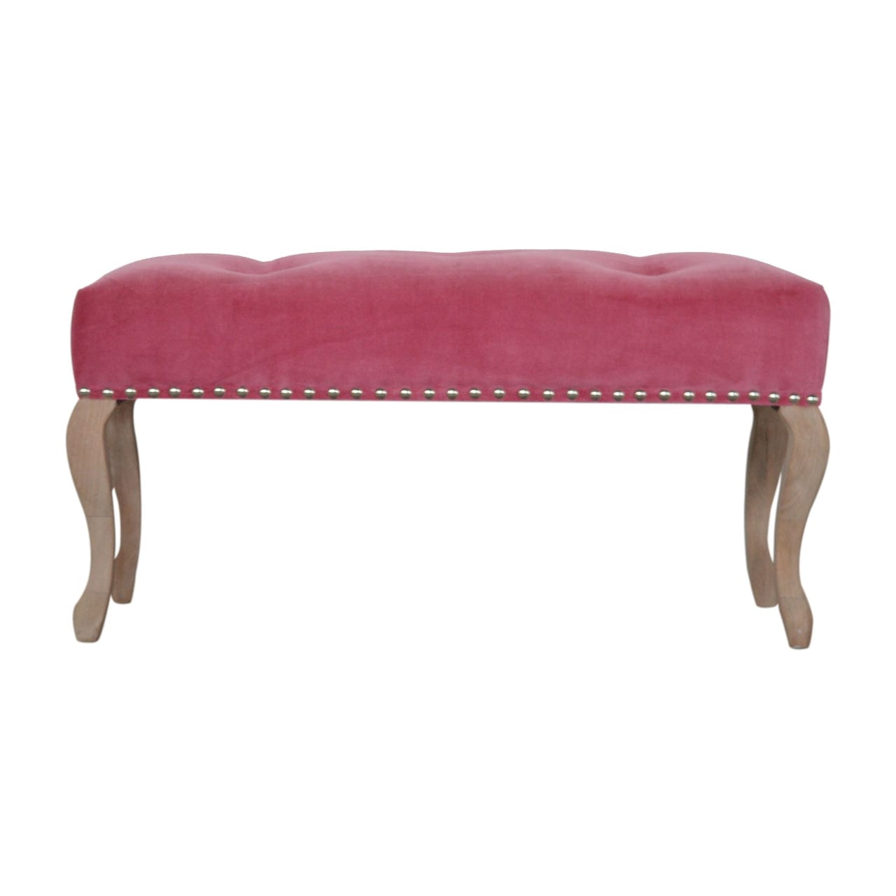 Mid-Century Modern French Style Pink Velvet Bench - Solid Mango Wood Seating Furniture for Entryway - main view showing...