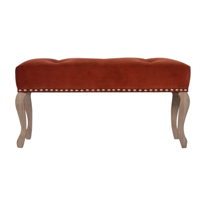 Mid-Century Modern French Style Rust Velvet Bench - Solid Mango Wood Seating Furniture for Entryway - main view showing...