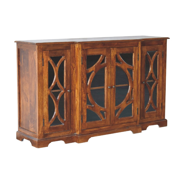Mid-Century Modern Glazed Carve Chestnut Sideboard - Solid Mango Wood Buffet Cabinet for Dining Room - product view 3...