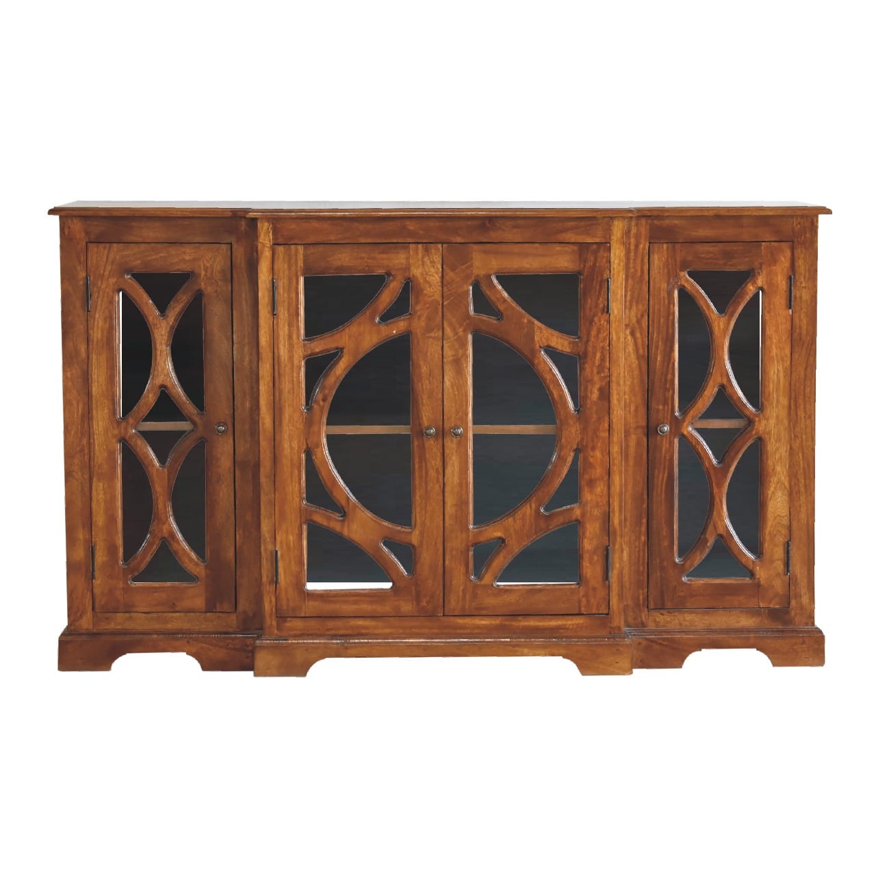 Mid-Century Modern Glazed Carve Chestnut Sideboard - Solid Mango Wood Buffet Cabinet for Dining Room - main view showing...
