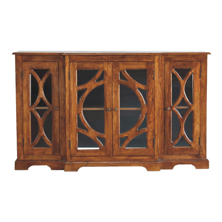 Mid-Century Modern Glazed Carve Chestnut Sideboard - Solid Mango Wood Buffet Cabinet for Dining Room - main view showing...