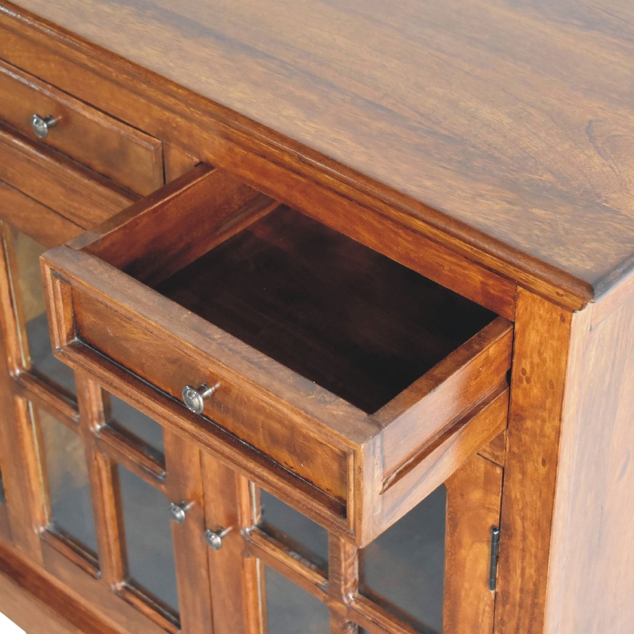 Farmhouse Glazed Sideboard - Solid Mango Wood Buffet Cabinet for Dining Room - product view 7 showing handcrafted solid...