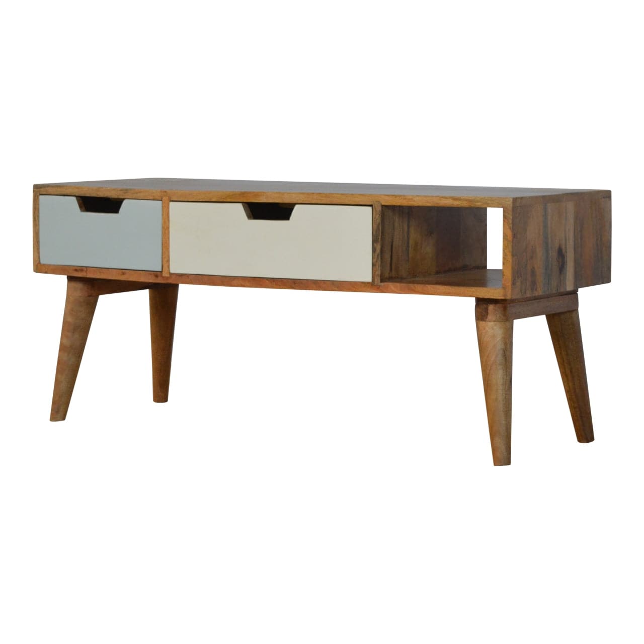 Mid-Century Modern Gradient TV Stand - Solid Mango Wood Entertainment Center for Living Room - product view 2 showing...