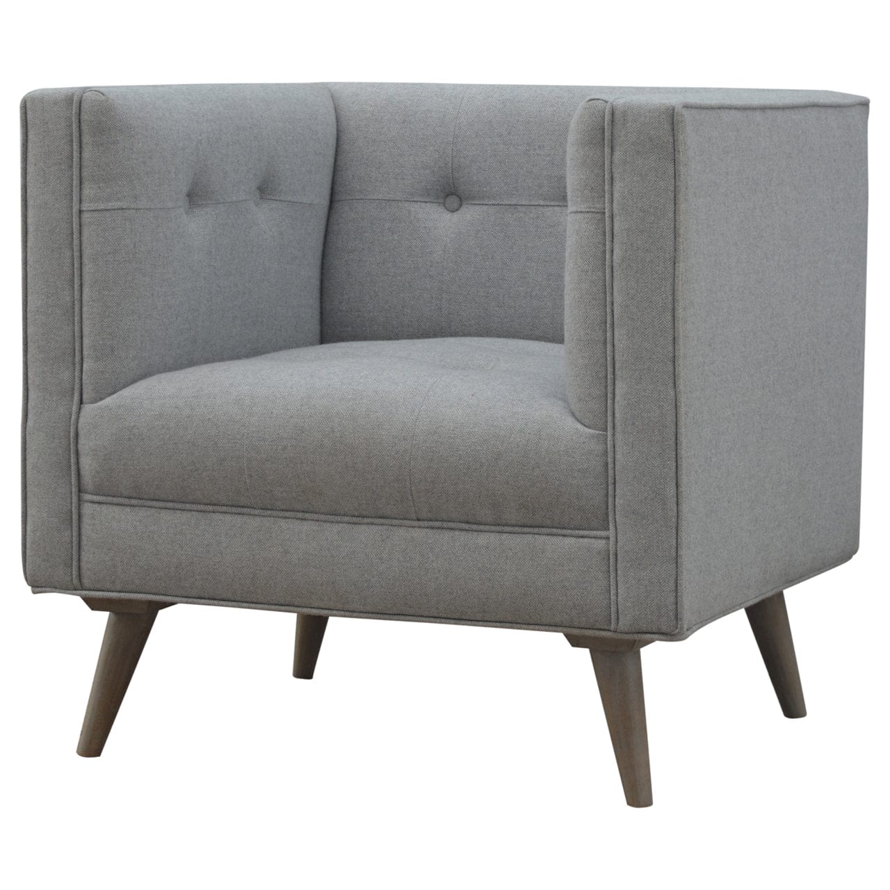 Mid-Century Modern Grey Tweed Armchair - Solid Mango Wood Accent Chair for Living Room - product view 3 showing...